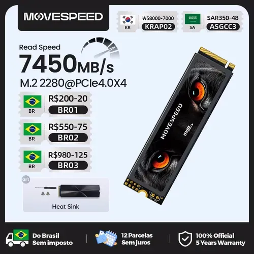 [Com Taxa/ Cc Visa R$451] Ssd 1tb Nvme M2 7450mb/S Movespeed Pcie4.0 - Compativel Com Ps5 Pc E Notebook
